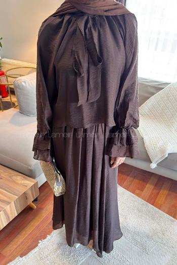 Lamelif Yakası Bağlama Detaylı Etekli Takım Acı Kahve