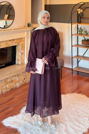 Lamelif Yakası Bağlama Detaylı Etekli Takım Mürdüm