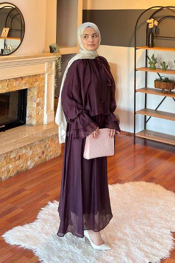 Lamelif Yakası Bağlama Detaylı Etekli Takım Mürdüm