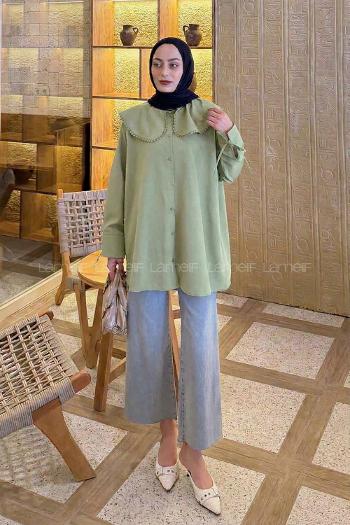 Lamelif Bebe Yaka Dantel Detaylı Gömlek Çağla Yeşili