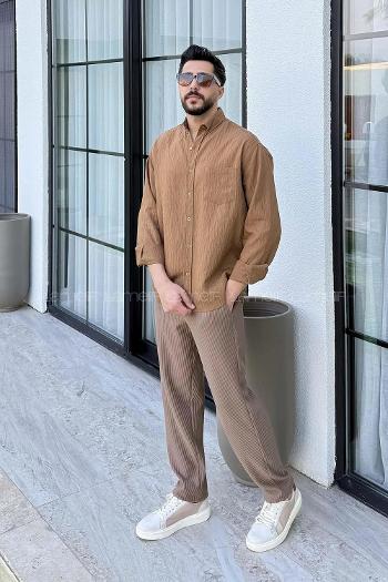 Lamelif Çizgi Detaylı Gömlek Kahverengi