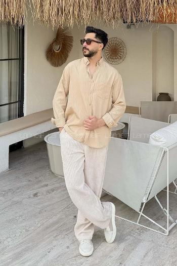 Lamelif Çizgi Detaylı Gömlek Sütlü Kahve