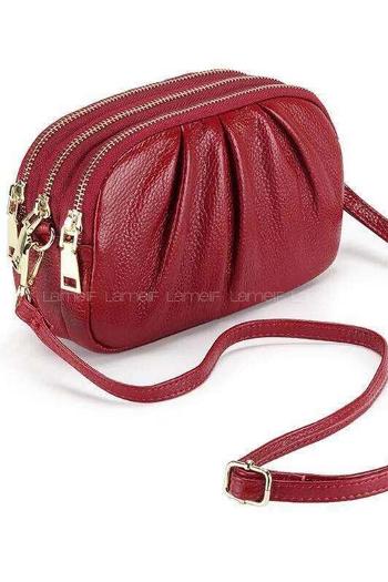 Lamelif Kadın Buruşuk Deri 3 Bölmeli Çapraz Çanta Bordo