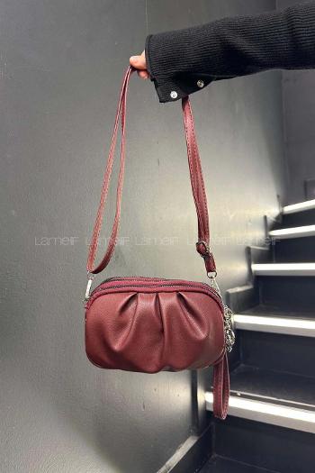 Lamelif Kadın Buruşuk Deri 3 Bölmeli Çapraz Çanta Bordo