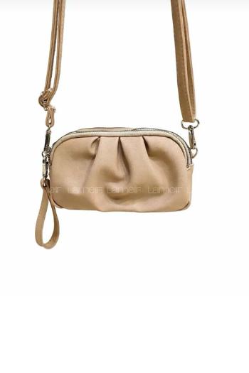 Lamelif Kadın Buruşuk Deri 3 Bölmeli Çapraz Çanta Krem