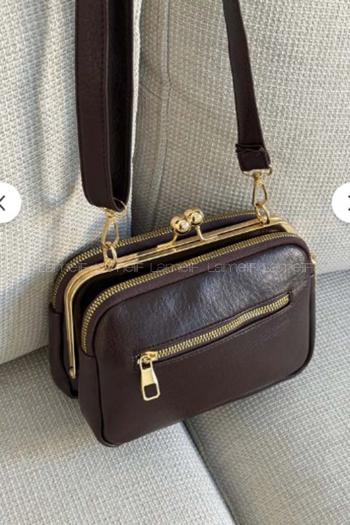 Lamelif Kadın Klipsli Çok Bölmeli Çapraz Çanta Acı Kahve