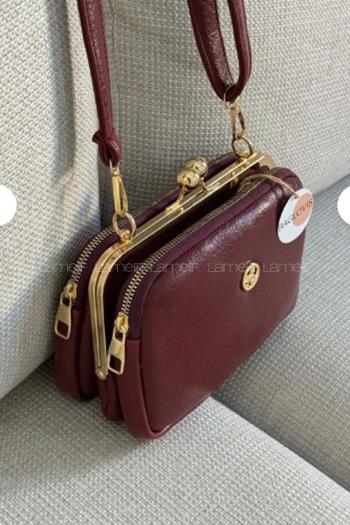 Lamelif Kadın Klipsli Çok Bölmeli Çapraz Çanta Bordo