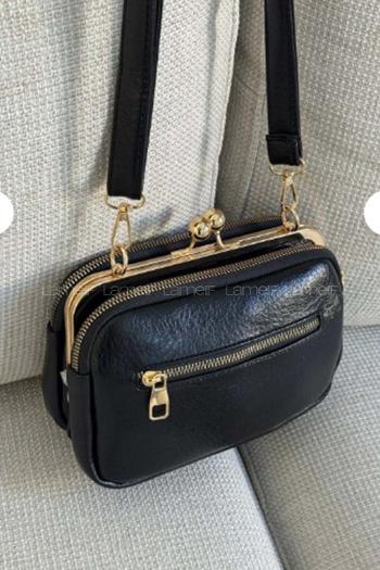 Lamelif Kadın Klipsli Çok Bölmeli Çapraz Çanta Siyah