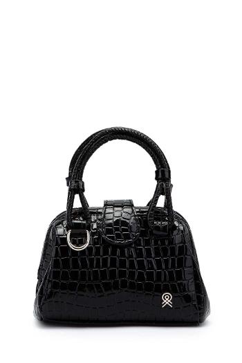 Lamelif Kroko Desenli Burslu Mekanizmalı Omuz Çantası Kadın Rugan Siyah