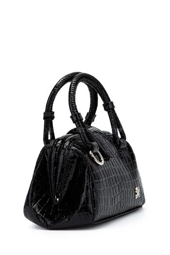 Lamelif Kroko Desenli Burslu Mekanizmalı Omuz Çantası Kadın Rugan Siyah