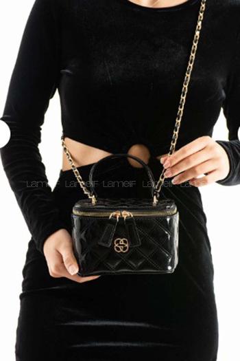 Lamelif Nakış Detaylı Kutu Model El & Omuz Çantası Kadın Rugan Siyah