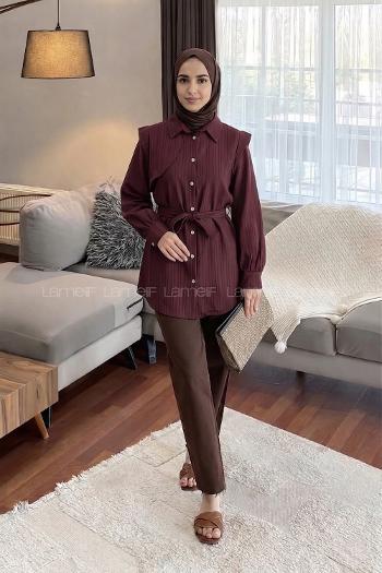 Lamelif Lamelif Vatkalı Yarım Pelerinli Gömlek Bordo