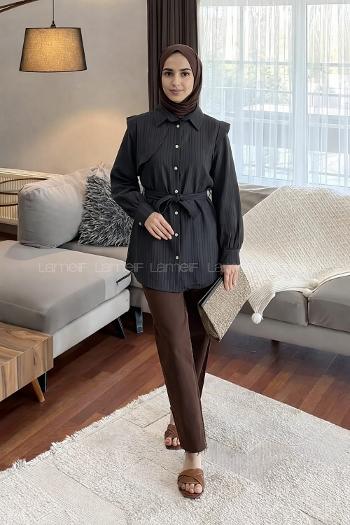 Lamelif Lamelif Vatkalı Yarım Pelerinli Gömlek Siyah