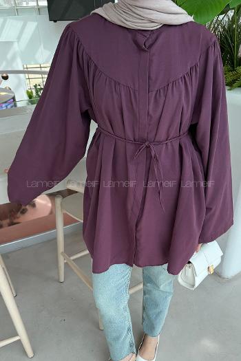 Lamelif Bağlama Detaylı Tesettür Gömlek Mürdüm