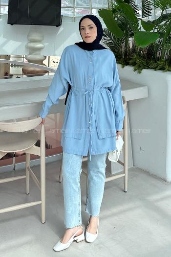 Lamelif Beli Büzgülü Düğme Detaylı Gömlek Bebe Mavisi