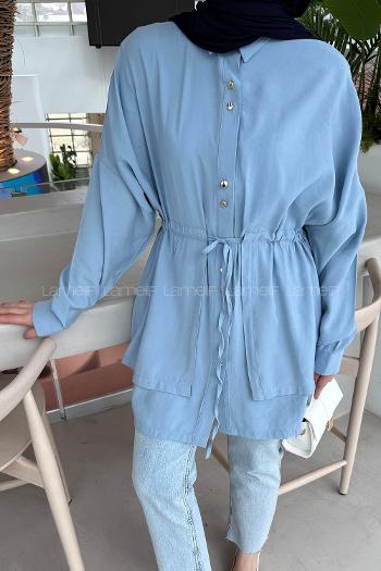 Lamelif Beli Büzgülü Düğme Detaylı Gömlek Bebe Mavisi