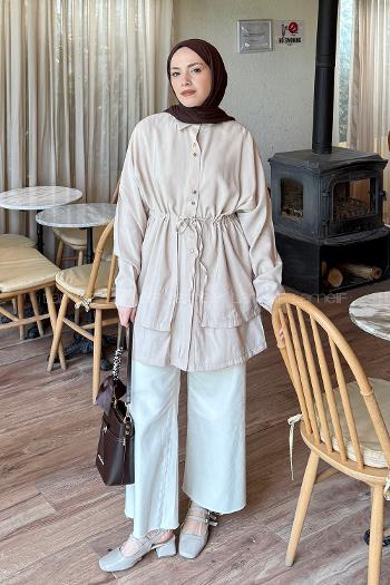 Lamelif Beli Büzgülü Düğme Detaylı Gömlek Bej