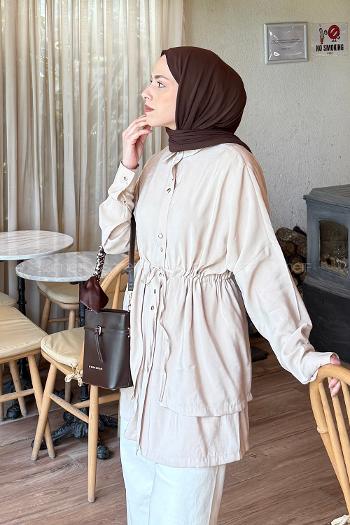 Lamelif Beli Büzgülü Düğme Detaylı Gömlek Bej