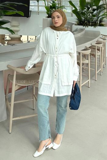 Lamelif Beli Büzgülü Düğme Detaylı Gömlek Beyaz