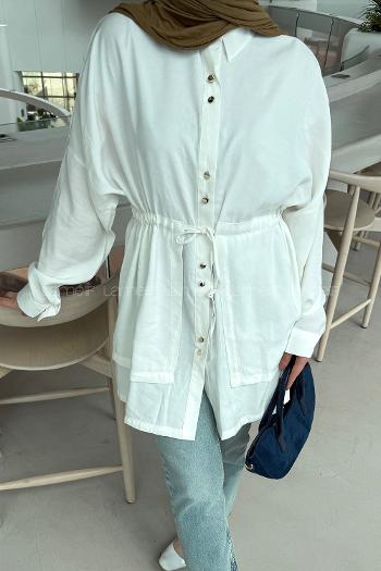 Lamelif Beli Büzgülü Düğme Detaylı Gömlek Beyaz