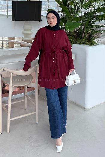Lamelif Beli Büzgülü Düğme Detaylı Gömlek Bordo