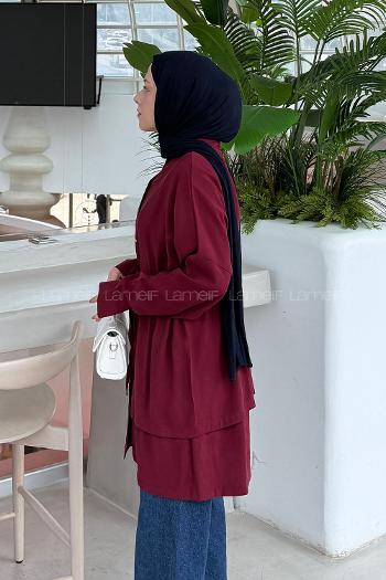 Lamelif Beli Büzgülü Düğme Detaylı Gömlek Bordo