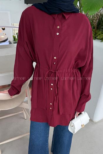 Lamelif Beli Büzgülü Düğme Detaylı Gömlek Bordo