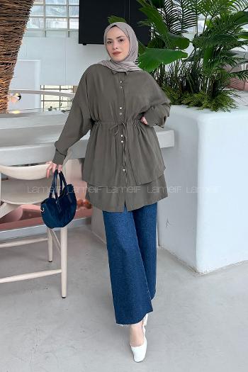 Lamelif Beli Büzgülü Düğme Detaylı Gömlek Haki