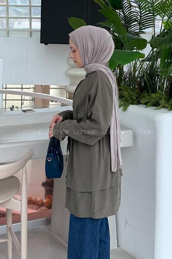 Lamelif Beli Büzgülü Düğme Detaylı Gömlek Haki