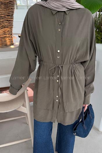 Lamelif Beli Büzgülü Düğme Detaylı Gömlek Haki