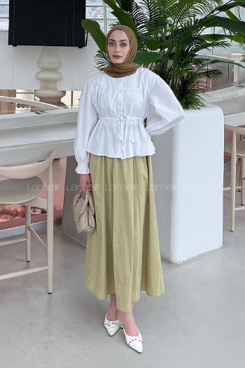 Lamelif Büzgü Detaylı Bağlamalı Gömlek Beyaz