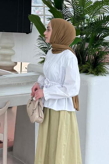 Lamelif Büzgü Detaylı Bağlamalı Gömlek Beyaz