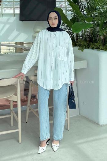 Lamelif Cep Detaylı Çizgili Gömlek İndigo