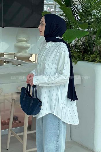 Lamelif Cep Detaylı Çizgili Gömlek İndigo