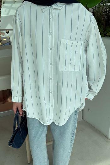 Lamelif Cep Detaylı Çizgili Gömlek İndigo