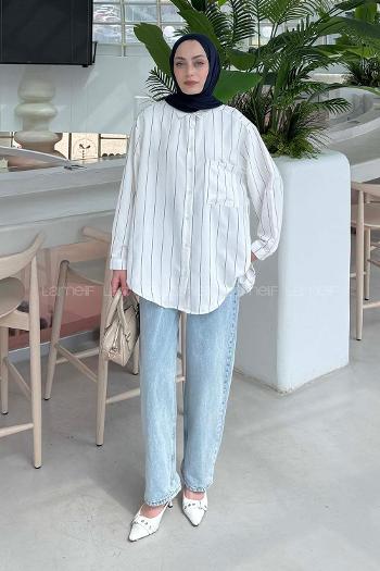 Lamelif Cep Detaylı Çizgili Gömlek Soft Kahve