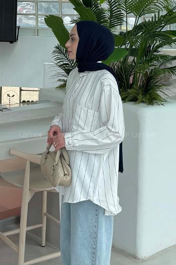 Lamelif Cep Detaylı Çizgili Gömlek Soft Kahve