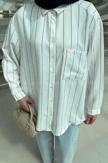 Lamelif Cep Detaylı Çizgili Gömlek Soft Kahve