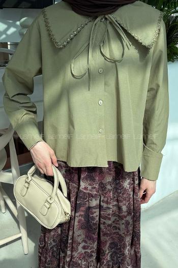 Lamelif Çiçek Detaylı Bebe Yaka Gömlek Asker Yeşili