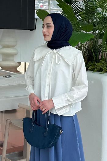 Lamelif Çiçek Detaylı Bebe Yaka Gömlek Beyaz