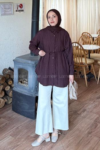 Lamelif Çizgi Detaylı Bağlamalı Gömlek Acı Kahve