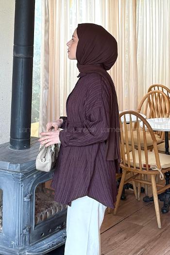 Lamelif Çizgi Detaylı Bağlamalı Gömlek Acı Kahve