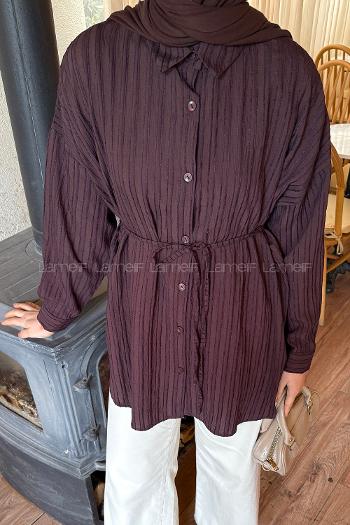 Lamelif Çizgi Detaylı Bağlamalı Gömlek Acı Kahve