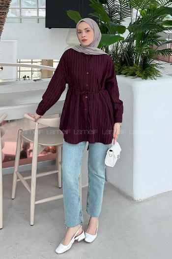 Lamelif Çizgi Detaylı Bağlamalı Gömlek Bordo
