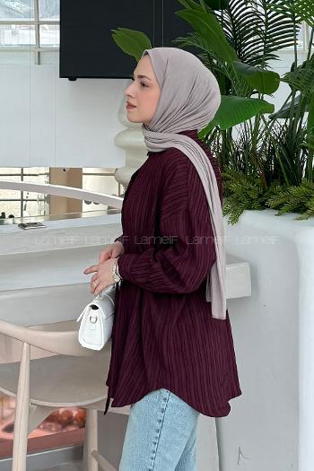 Lamelif Çizgi Detaylı Bağlamalı Gömlek Bordo