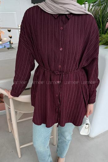 Lamelif Çizgi Detaylı Bağlamalı Gömlek Bordo