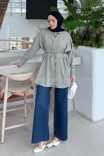 Lamelif Çizgi Detaylı Bağlamalı Gömlek Çağla Yeşili