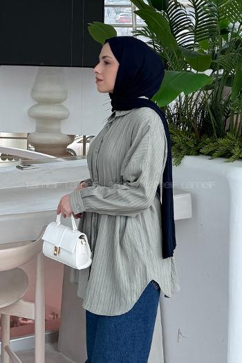 Lamelif Çizgi Detaylı Bağlamalı Gömlek Çağla Yeşili