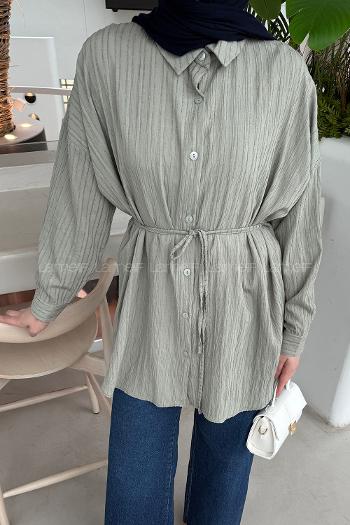Lamelif Çizgi Detaylı Bağlamalı Gömlek Çağla Yeşili