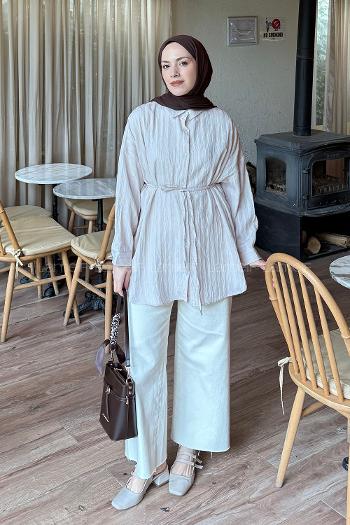 Lamelif Çizgi Detaylı Bağlamalı Gömlek Krem